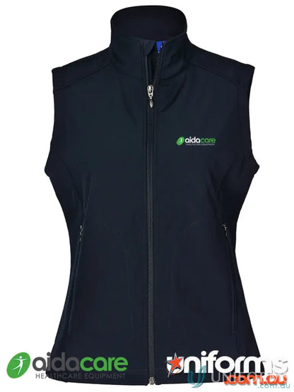 Navy blue zippered softshell vest perfect for work uniforms in Aidacare EMBx1 Ladies Vest
