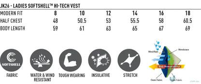 Aidacare EMBx1 Ladies Softshell Vest size chart and features for work uniforms