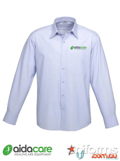 Light blue long-sleeved workwear shirt from Aidacare EMBx1 for work uniforms