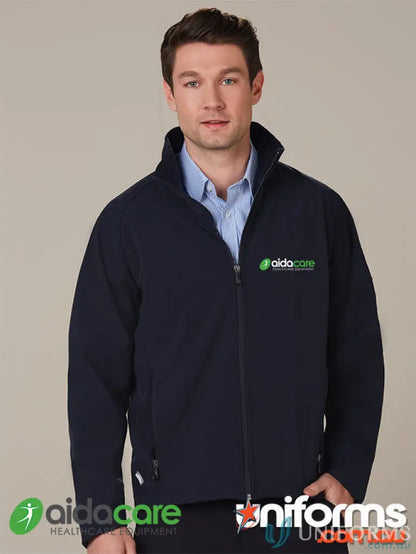 Navy blue unisex softshell jacket from Aidacare EMBx1, perfect for hi-tech uniforms