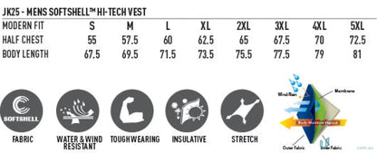 Men’s softshell vest sizing chart and fabric info with 4-way stretch for workwear uniforms
