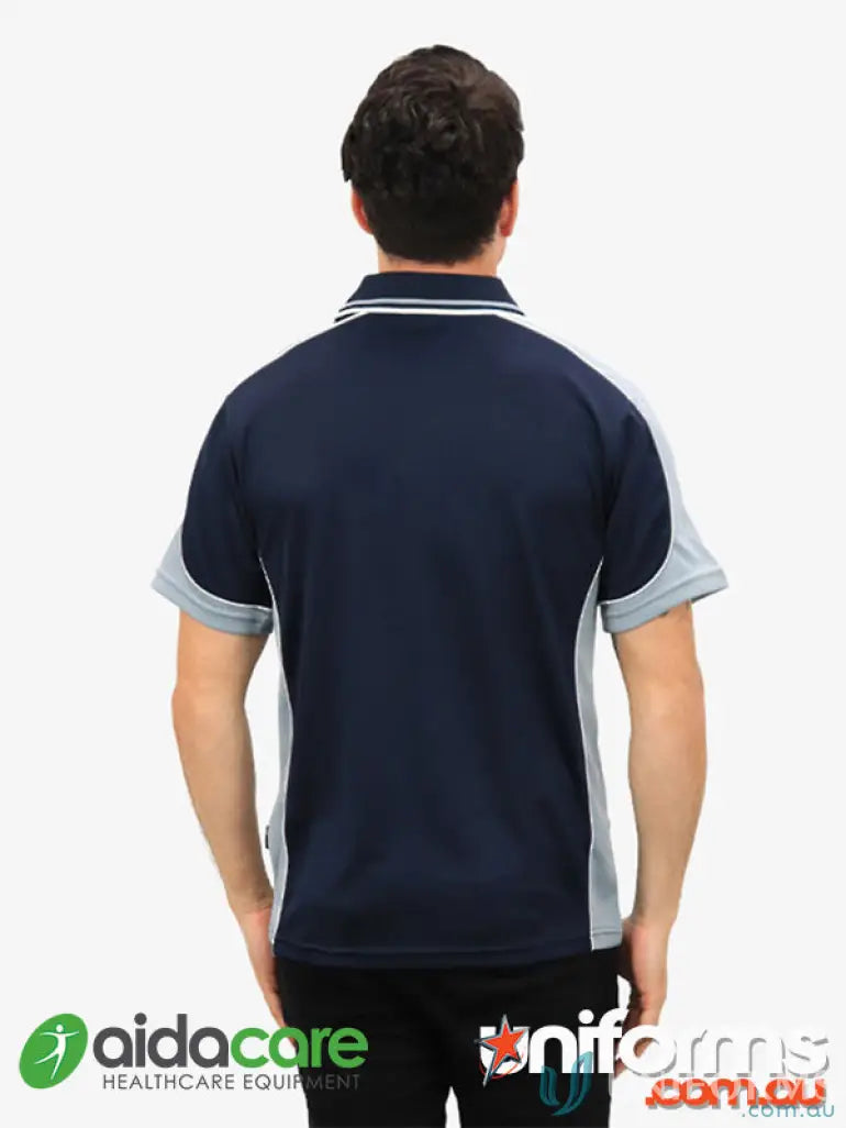 Navy and gray polo shirt from Aidacare EMBx2, perfect for uniforms and workwear