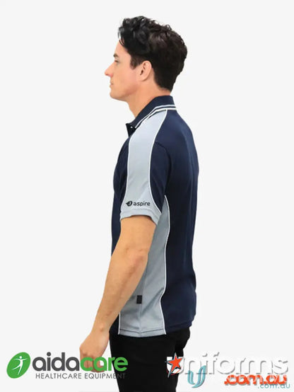 Navy and gray polo shirt from Aidacare EMBx2 workwear uniform for easy style and comfort