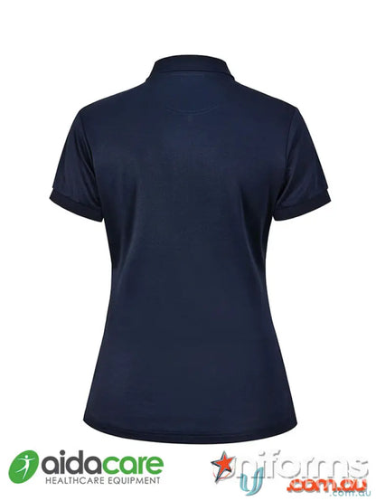 Women’s navy blue short-sleeve polo shirt from Aidacare EMBx2 sustainable workwear collection