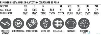 Sizing chart and feature icons for Aidacare EMBx2 sustainable men’s work uniforms