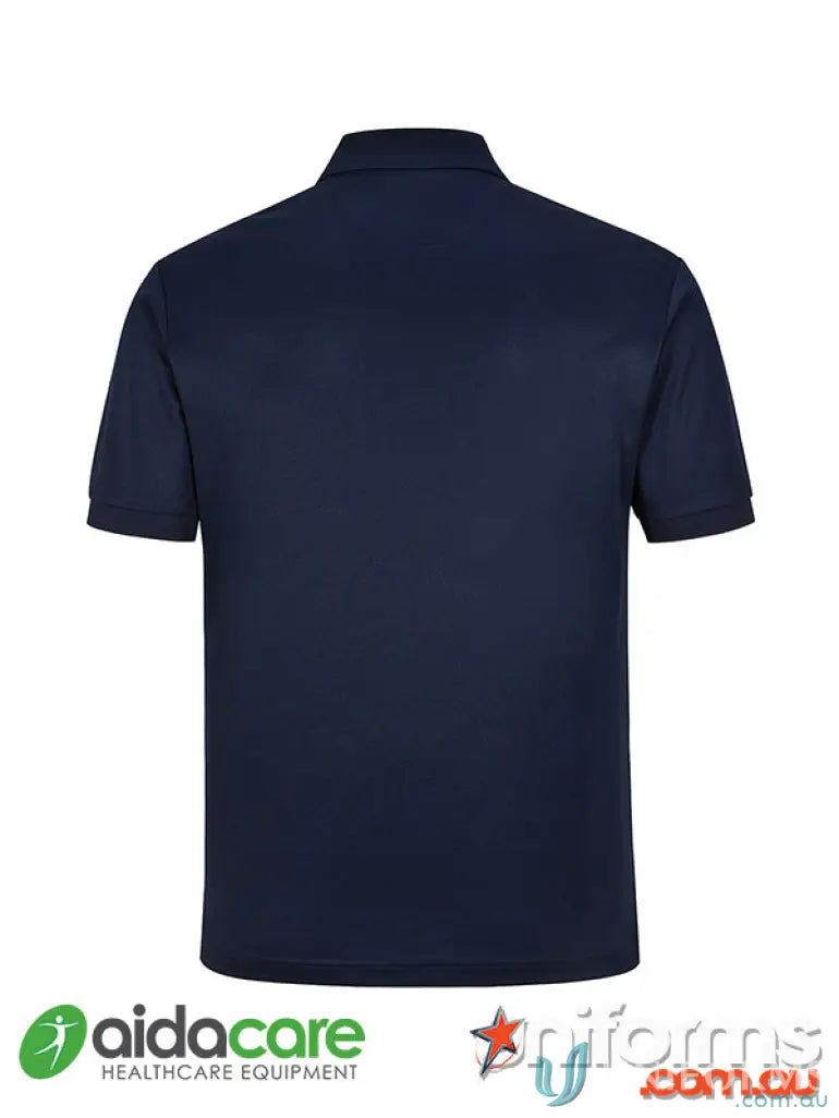 Navy blue recycled PET polo shirt from Aidacare EMBx2 sustainable work uniforms