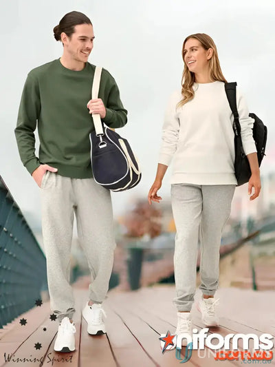 Navy blue and white striped shoulder bag with beige strap paired with airlayed cvc sweat pants for casual workwear uniforms