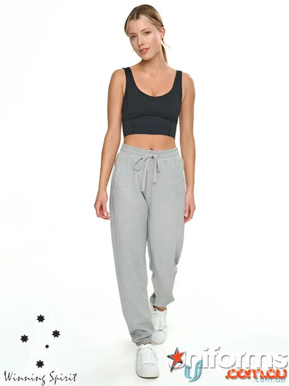 Woman in black crop top and gray sweatpants wearing Airlayed CVC sweat pants for casual wear