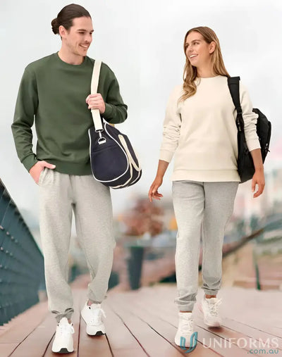 Two people wearing matching spirit airlayed crew neck sweat suits for a casual vibe