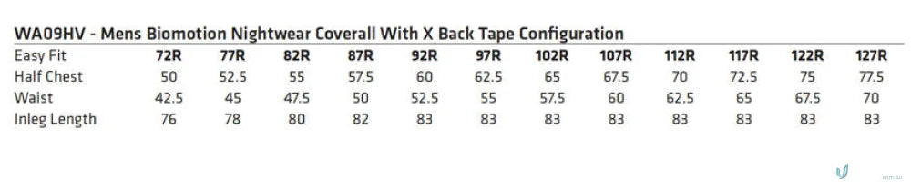 Sizing chart for AIW Biomotion Nightwear Coverall with Xback Tape for men’s biomotion style