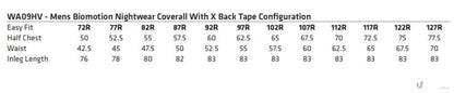 Sizing chart for AIW Biomotion Nightwear Coverall with Xback Tape for men’s biomotion style