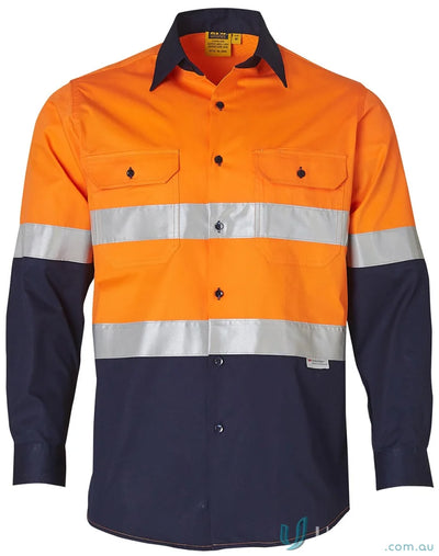 Orange and navy blue hi-vis safety shirt with Scotchlite reflective tapes for demanding work environments