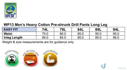 AIW Heavy Cotton Pre-Shrunk Men’s Heavy Drill Pants with sizing chart and features