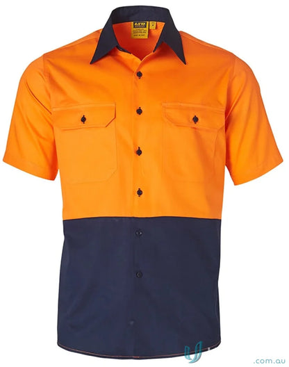 Orange and navy blue cotton work shirt from AIW HiVis Cool-Breeze for stay cool and sleeve safety