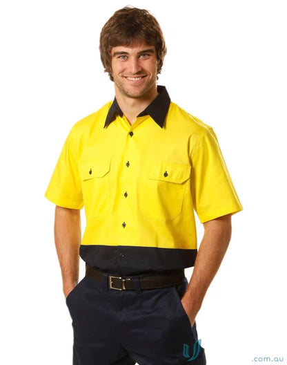 Yellow and black cotton work shirt from AIW HiVis Cool-Breeze S/S Sleeve safety shirt for staying cool