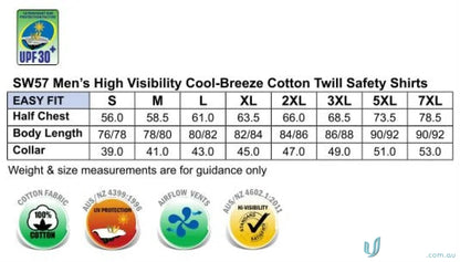 Men’s high visibility safety shirt size chart for AIW HiVis Cool-Breeze Cotton Work Shirt with stay cool comfort