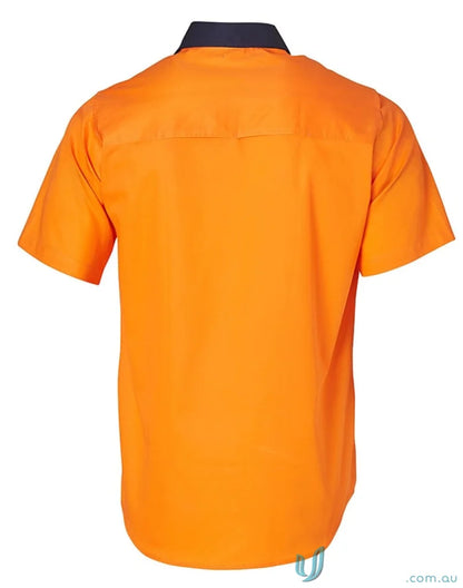 Orange short-sleeve cotton work shirt with navy collar, perfect for stay cool sleeve safety shirts