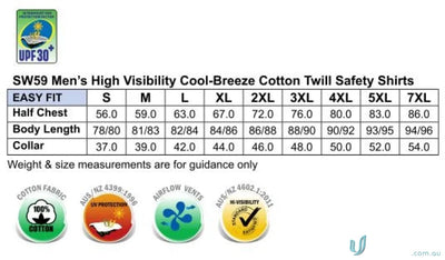 Mens high visibility shirt size chart for AIW HiVis CoolBreeze safety shirt