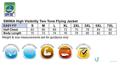 High visibility jacket size chart for AIW HiVis Flying Jacket Spirit SW06A HI-Vis