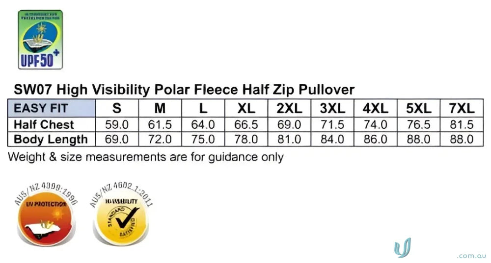 Clothing size chart for AIW HiVis Polar Fleece Half Zip Pullover