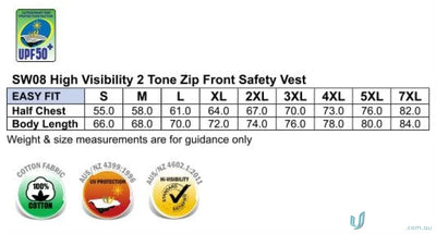Safety vest sizing chart for AIW HiVis Polar Fleece Vest with anti-pill polar fleece and hi-vis two tone design