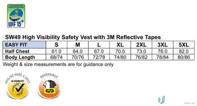 High visibility safety vest size chart for AIW HiVis Reversible Safety Vest Winning Spirit SW49