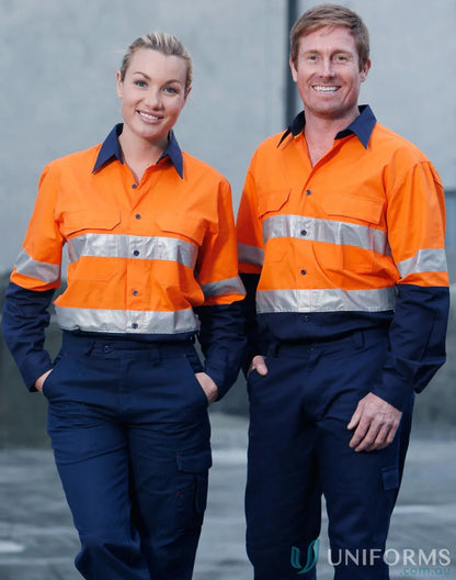 Two people wearing orange and blue sw69 rip-stop long sleeve safety shirts with reflective tape