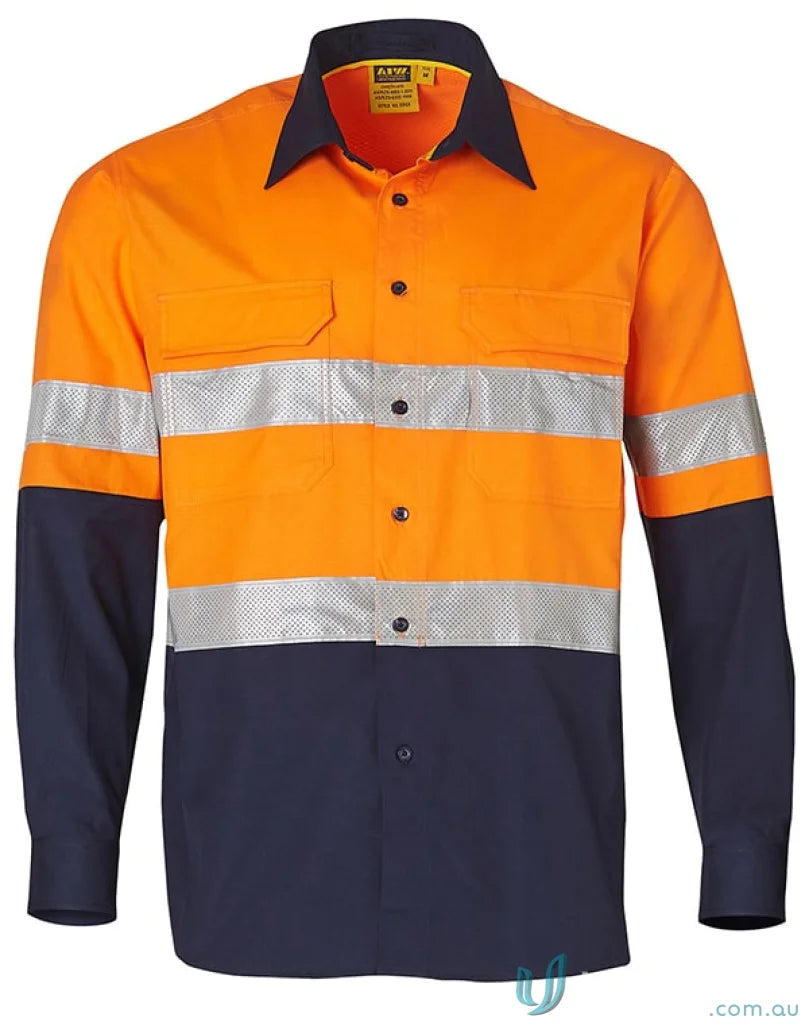 Orange and navy blue sw69 rip-stop long sleeve safety shirt with reflective tape