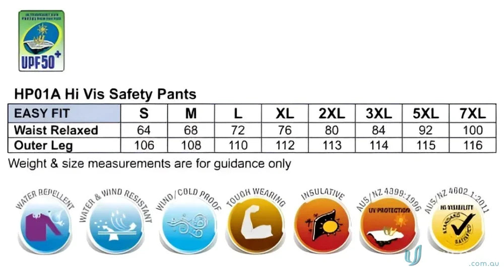 Hivis safety pants sizing chart for AIW HiVis Safety Pants Winning Spirit HP01A