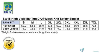 Safety singlet size chart for AIW HiVis TrueDry Singlet from Winning Spirit AIW