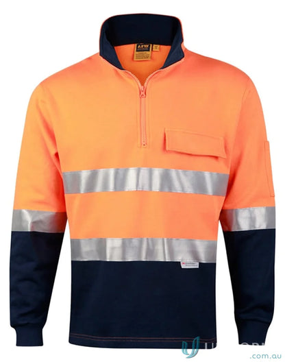 Orange and navy HiVis cotton fleece sweat jumper with reflective tapes and quarter-zip collar