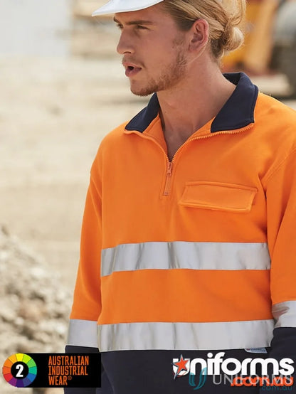High-vis orange cotton fleece sweat jumper with reflective tapes and navy collar