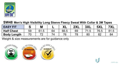 Sizing chart and fabric info for AIW HiVis Cotton Fleece Sweat Jumper with reflective tapes