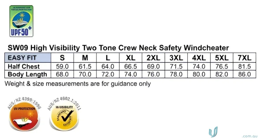 Size chart for Winning Spirit AIW HiViz Hurz crew neck windcheater with visibility tips