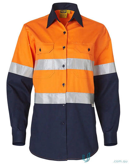 Orange and navy blue ladies hivis taped long sleeve safety work shirt in Cool-Breeze Twill