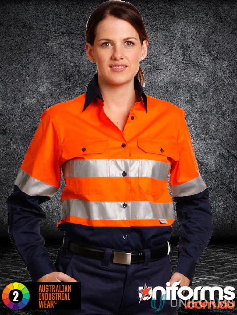 Woman wearing AIW Ladies HiVis Taped Cool-Breeze Twill Shirt, ideal for ladies hivis taped safety