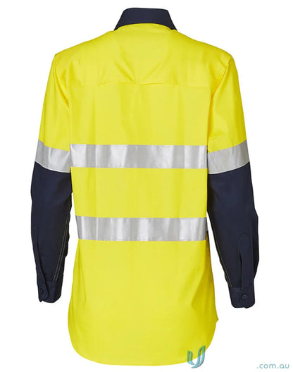 Yellow and navy blue ladies hivis taped long sleeve safety shirt with reflective stripes