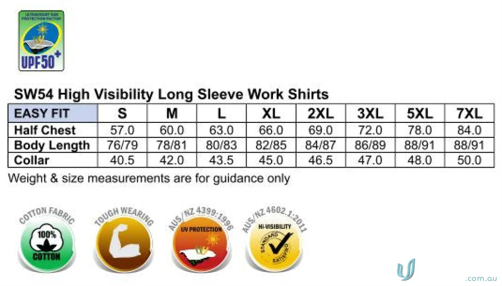 High visibility work shirt size chart for AIW Safety Cotton Drill Safety Shirt with two button-down chests