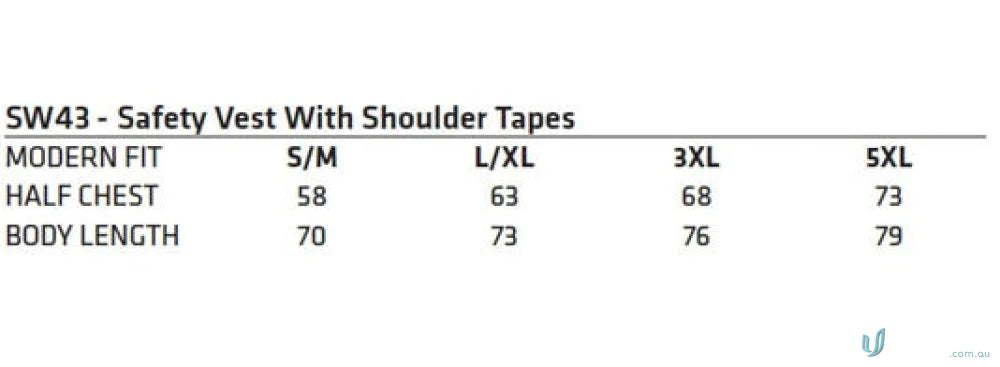 Safety vest size chart for AIW Safety Vest with Shoulder Tapes high visibility SW43 safety vest
