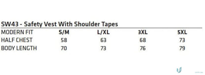 Safety vest size chart for AIW Safety Vest with Shoulder Tapes high visibility SW43 safety vest