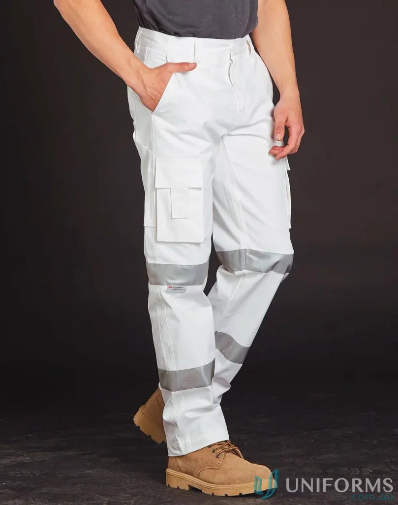 White safety pants with Scotchlite™ reflective tape and men’s cotton drill fabric
