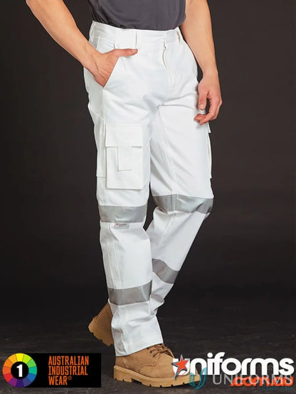 White safety pants with Scotchlite™ reflective tape made from men’s cotton drill fabric