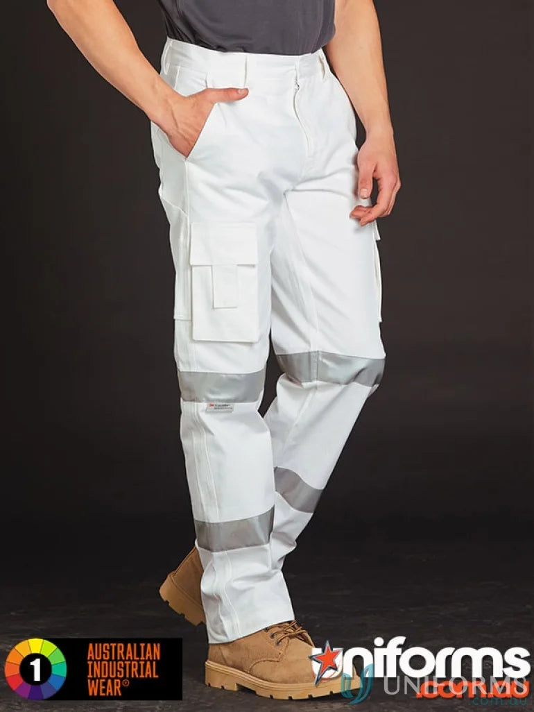 White safety pants with Scotchlite™ reflective tape made from men’s cotton drill fabric