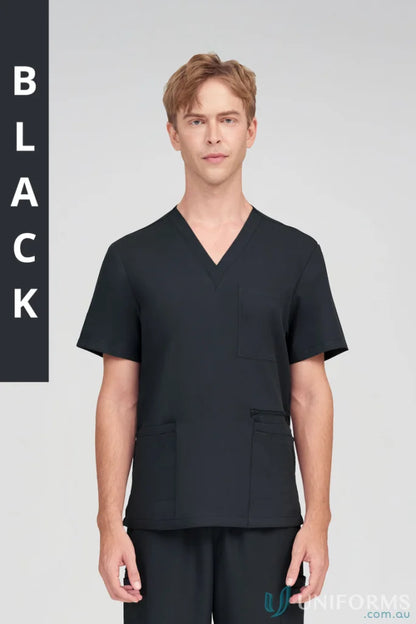 Black scrub suit from the Alex Scrub Top collection with secure zip pocket for allied health workers