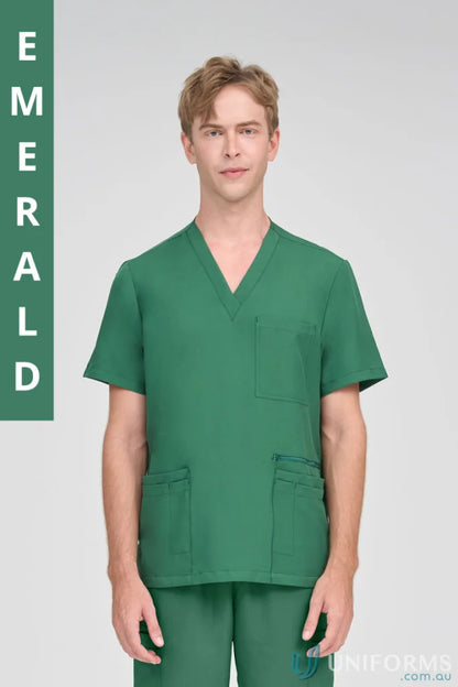 Emerald green Alex Scrub Top with secure zip pocket from collection Alex Scrub for allied health workers
