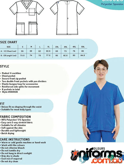 Alex Scrub Top in blue with secure zip pocket, perfect for allied health workers
