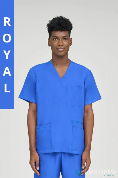 Royal blue Alex Scrub Top with secure zip pocket, perfect for allied health workers