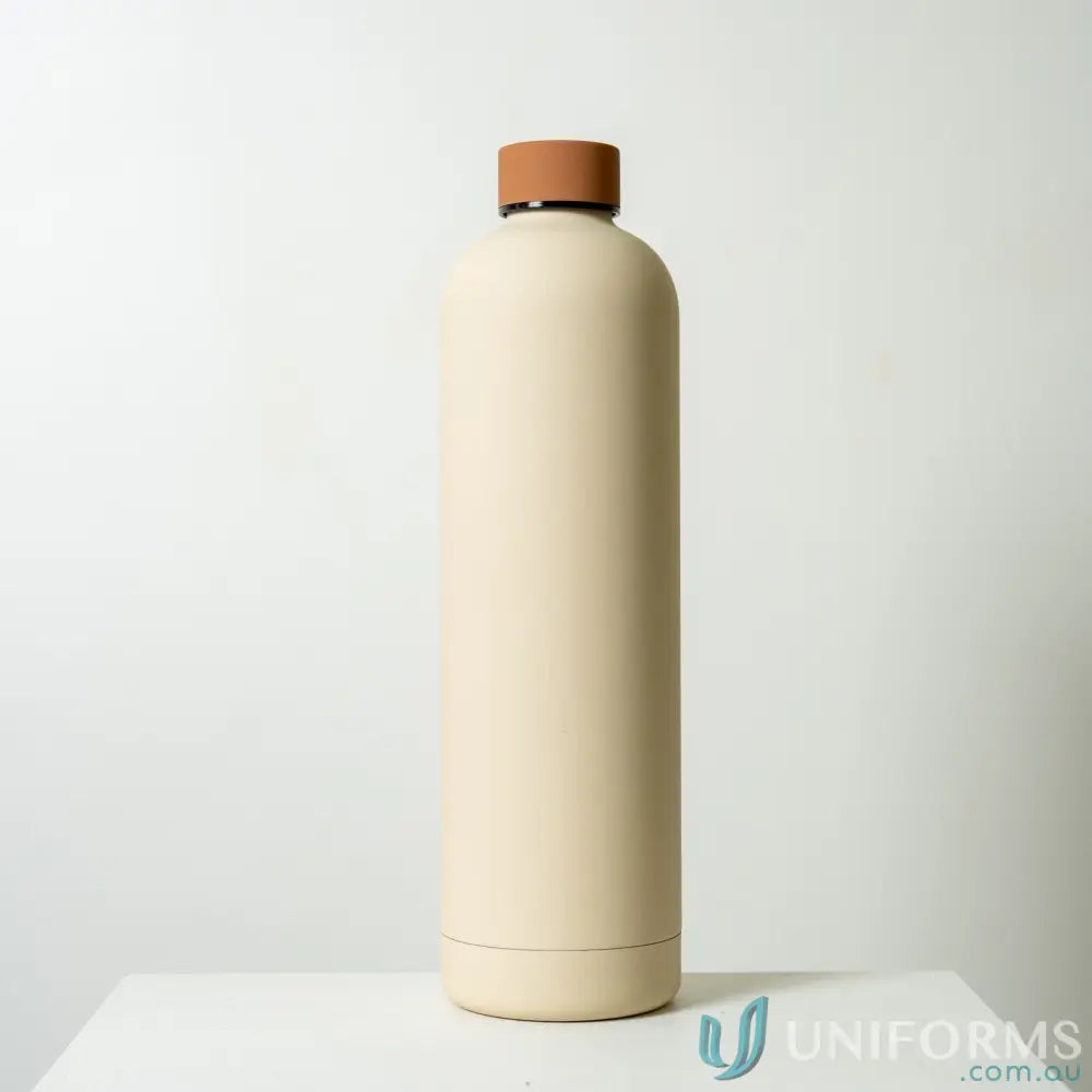 Beige stainless steel Allegra 1L insulated water bottle with brown lid fits car cup holders
