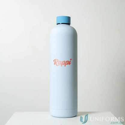 Light blue stainless steel Allegra 1L insulated bottle with a blue cap fits in car cup holders