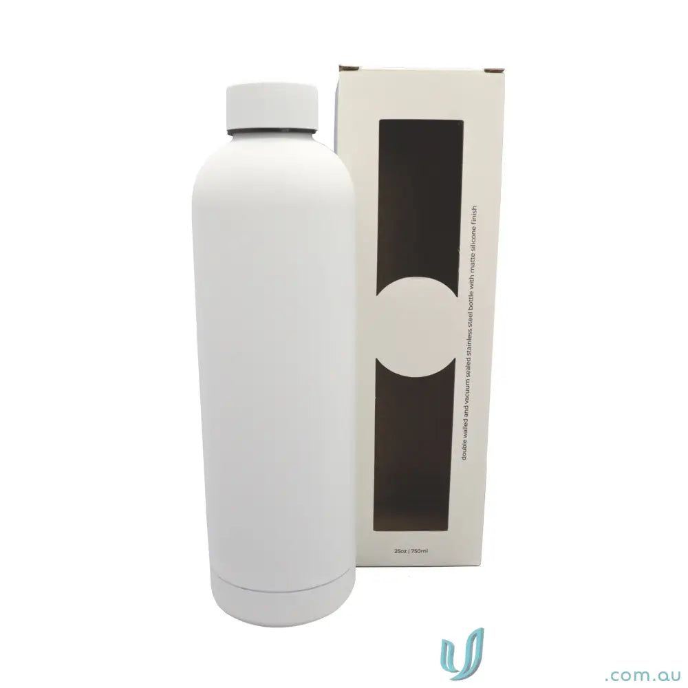 White stainless steel Allegra 1L insulated bottle in box fits car cup holders hot or cold